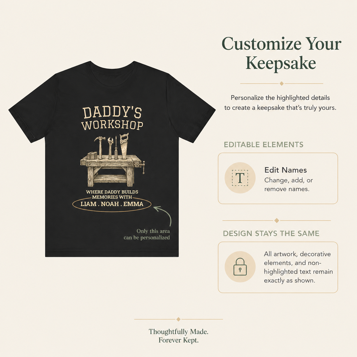 Daddy's Workshop black cotton t-shirt styled in a workshop setting