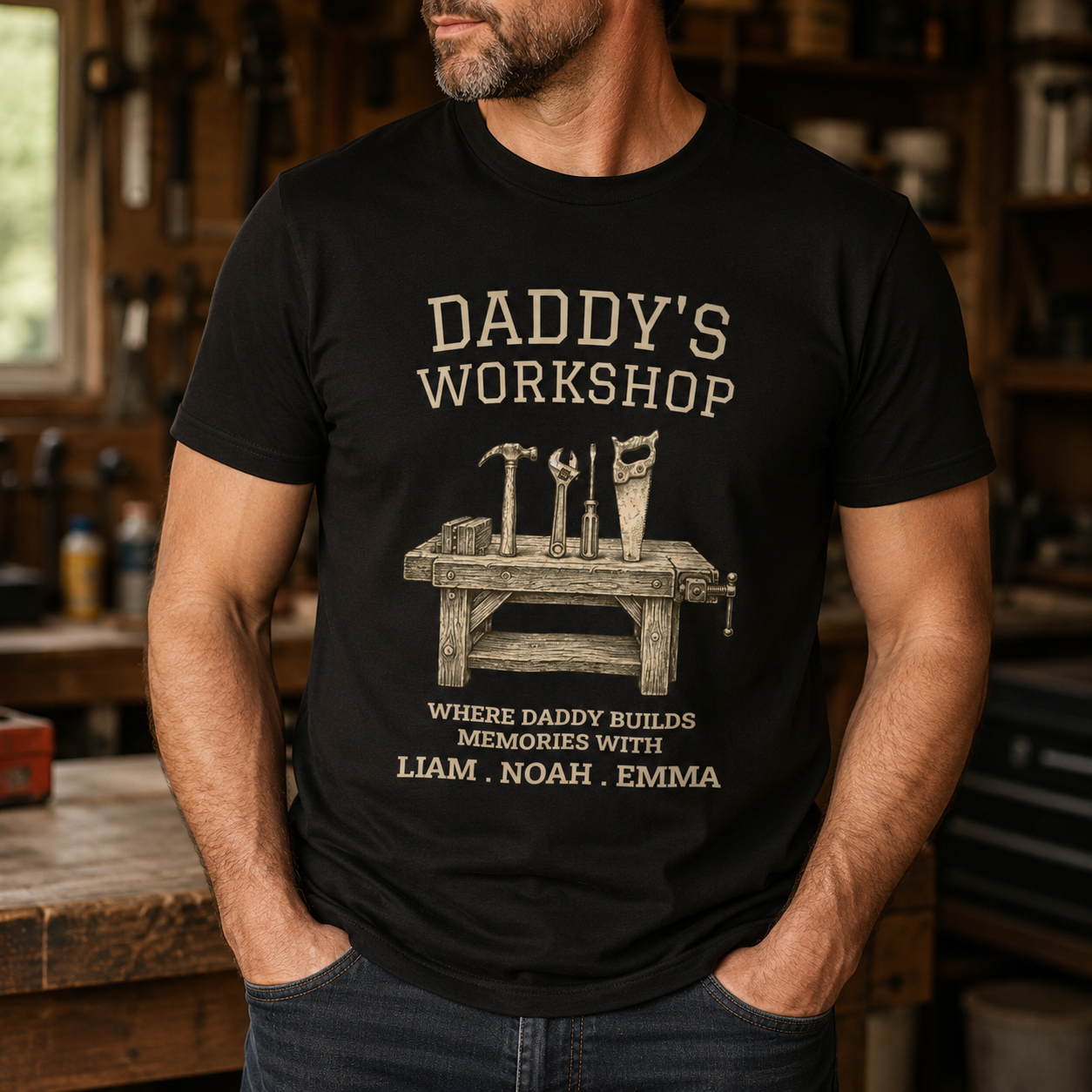 Daddy's Workshop personalized tee shown on a model