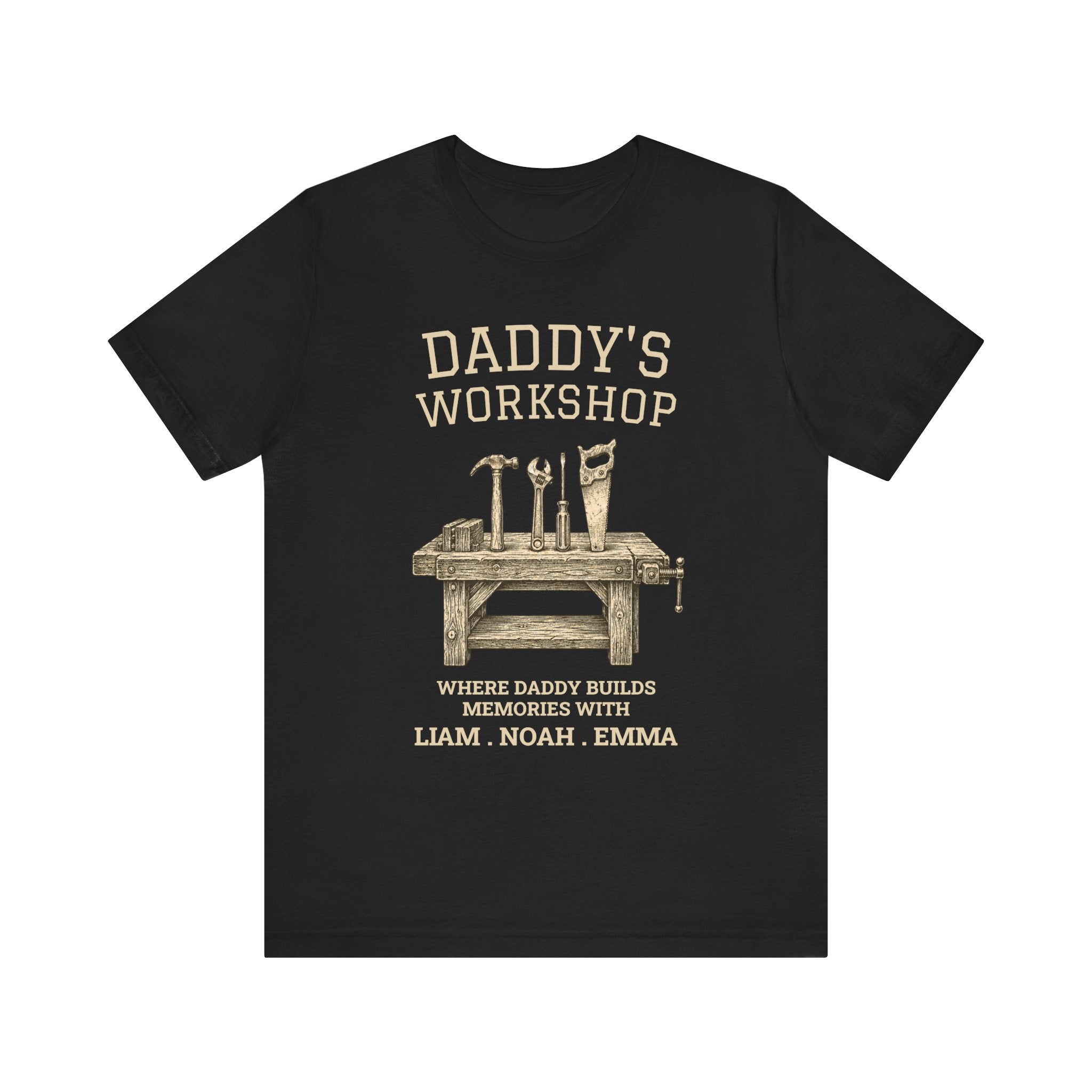 Personalized Daddy's Workshop black t-shirt with a vintage workbench-and-tools design and custom kids' names