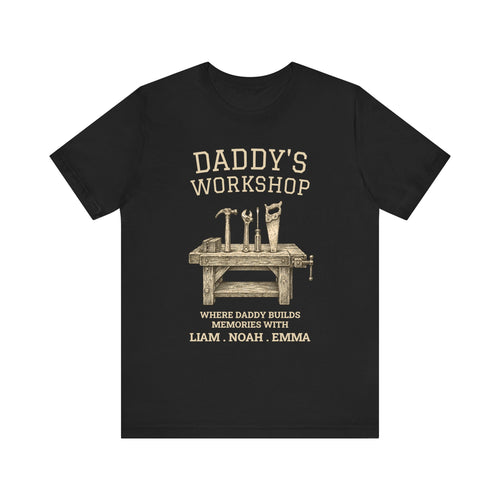 Personalized Daddy's Workshop black t-shirt with a vintage workbench-and-tools design and custom kids' names