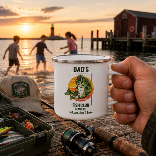 Personalized kids' names customization preview on the Dad's Fish Club mug