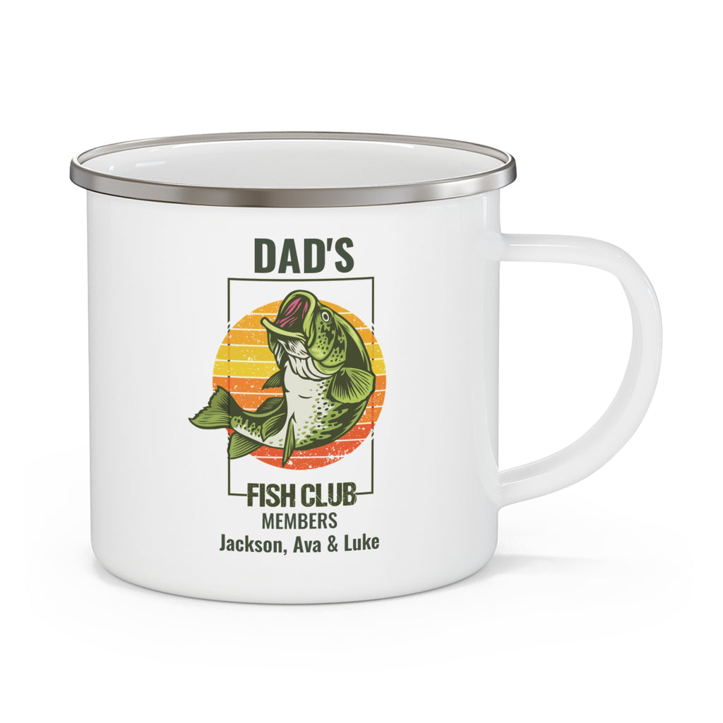 Dad's Fish Club personalized white enamel mug with retro sunset bass design