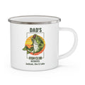 Dad's Fish Club personalized white enamel mug with retro sunset bass design
