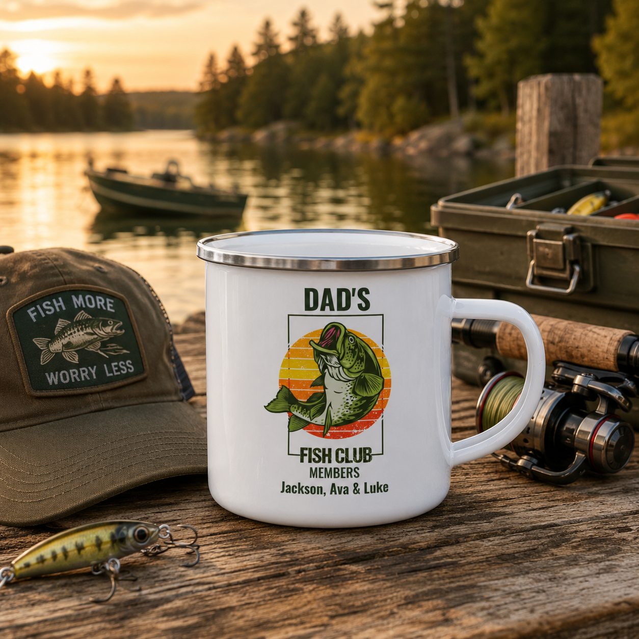 Dad's Fish Club enamel mug mockup showing design placement