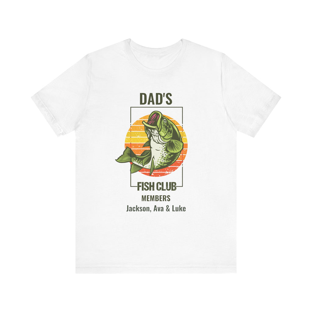 Dad's Fish Club personalized white t-shirt with retro bass graphic and family member names
