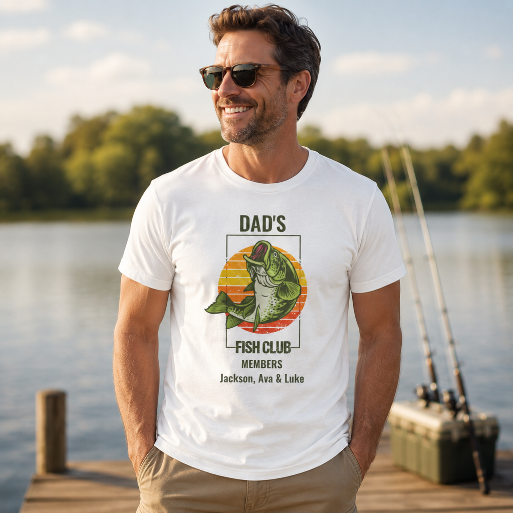 Back view of Dad's Fish Club personalized white t-shirt