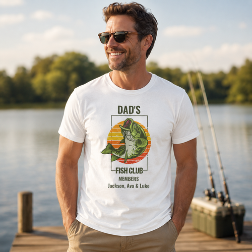 Back view of Dad's Fish Club personalized white t-shirt