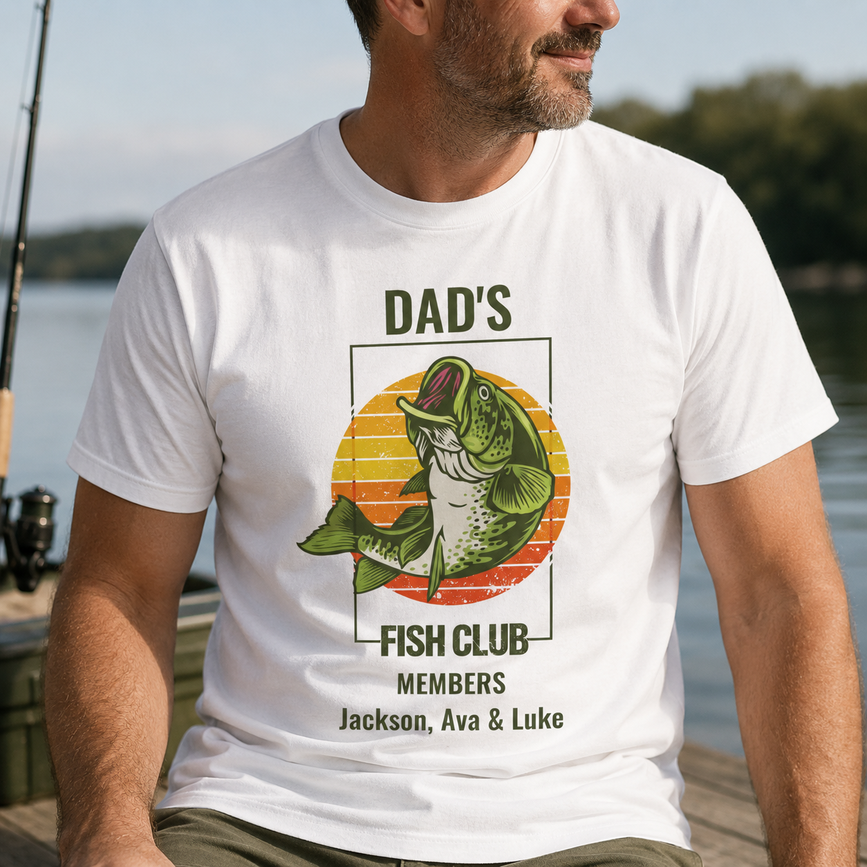 Close-up of retro bass fishing graphic with personalized family names print