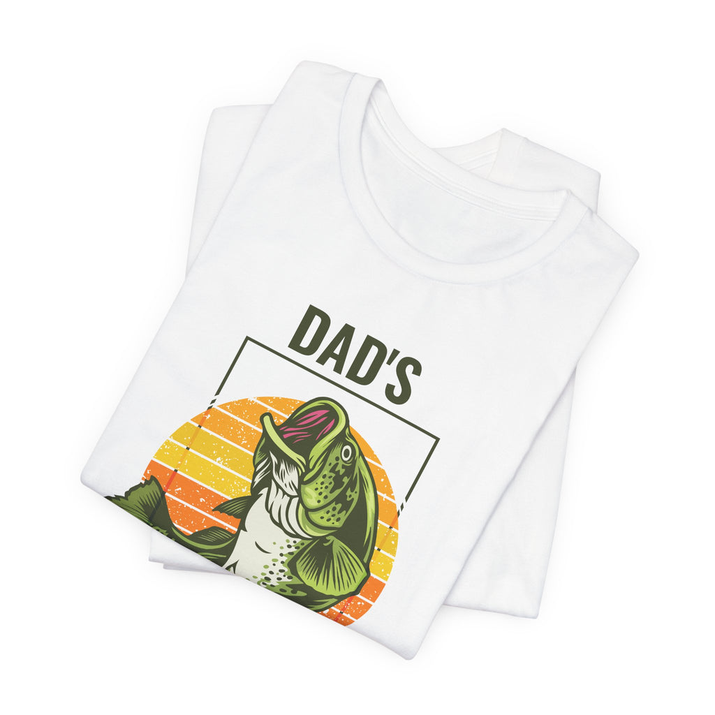 Model wearing Dad's Fish Club personalized t-shirt at the lake