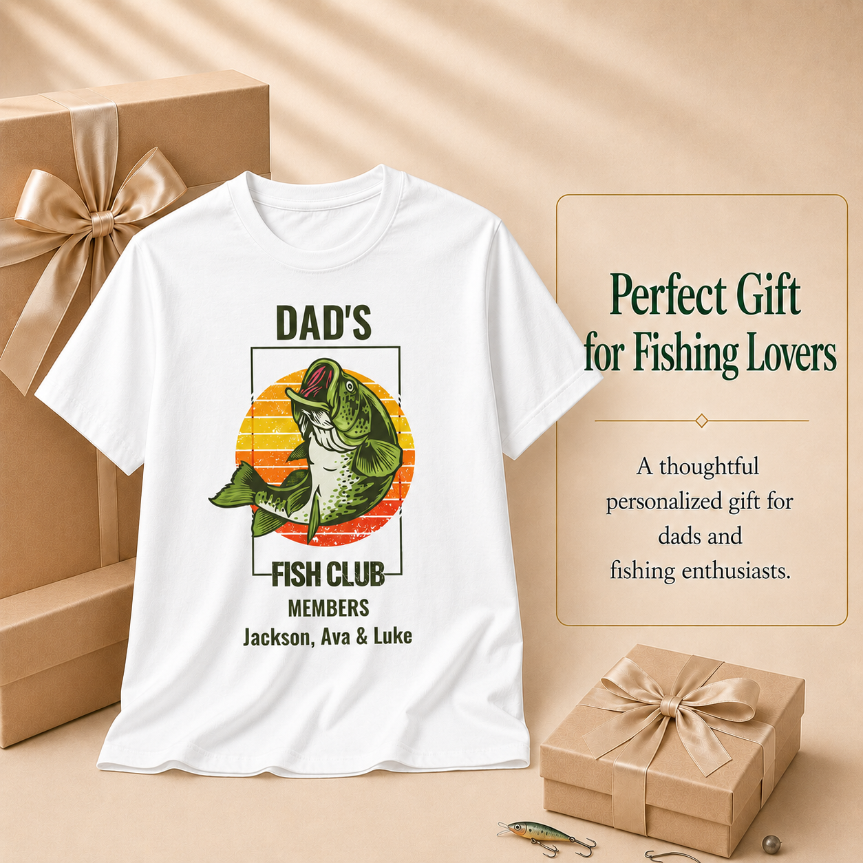 Folded Dad's Fish Club personalized t-shirt showing size and fit