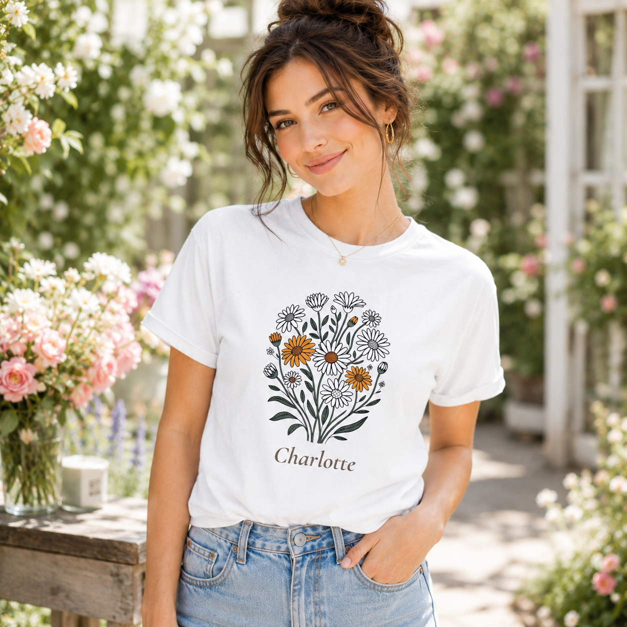 Close-up of daisy bouquet graphic with personalized name print