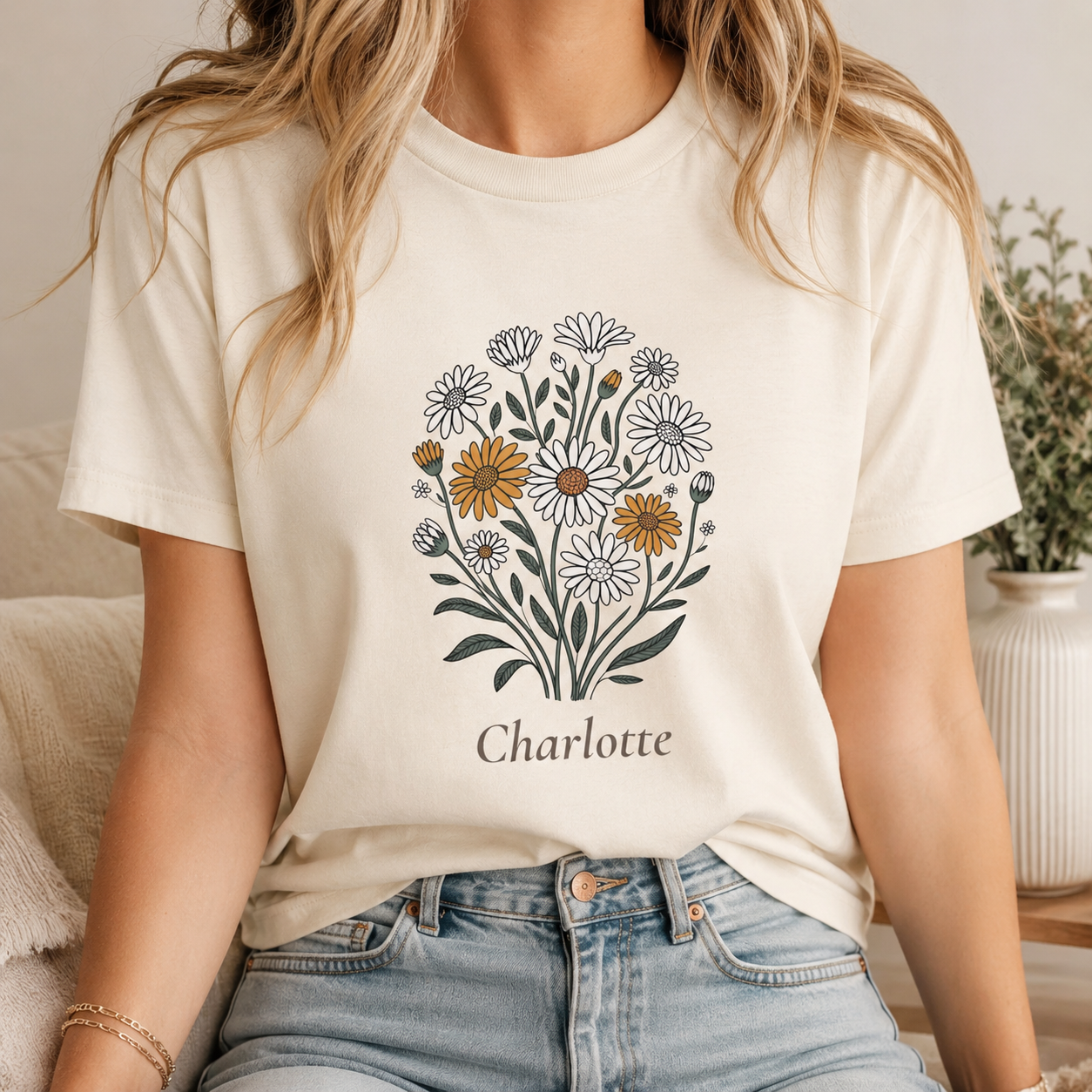Daisy bouquet personalized t-shirt on hanger