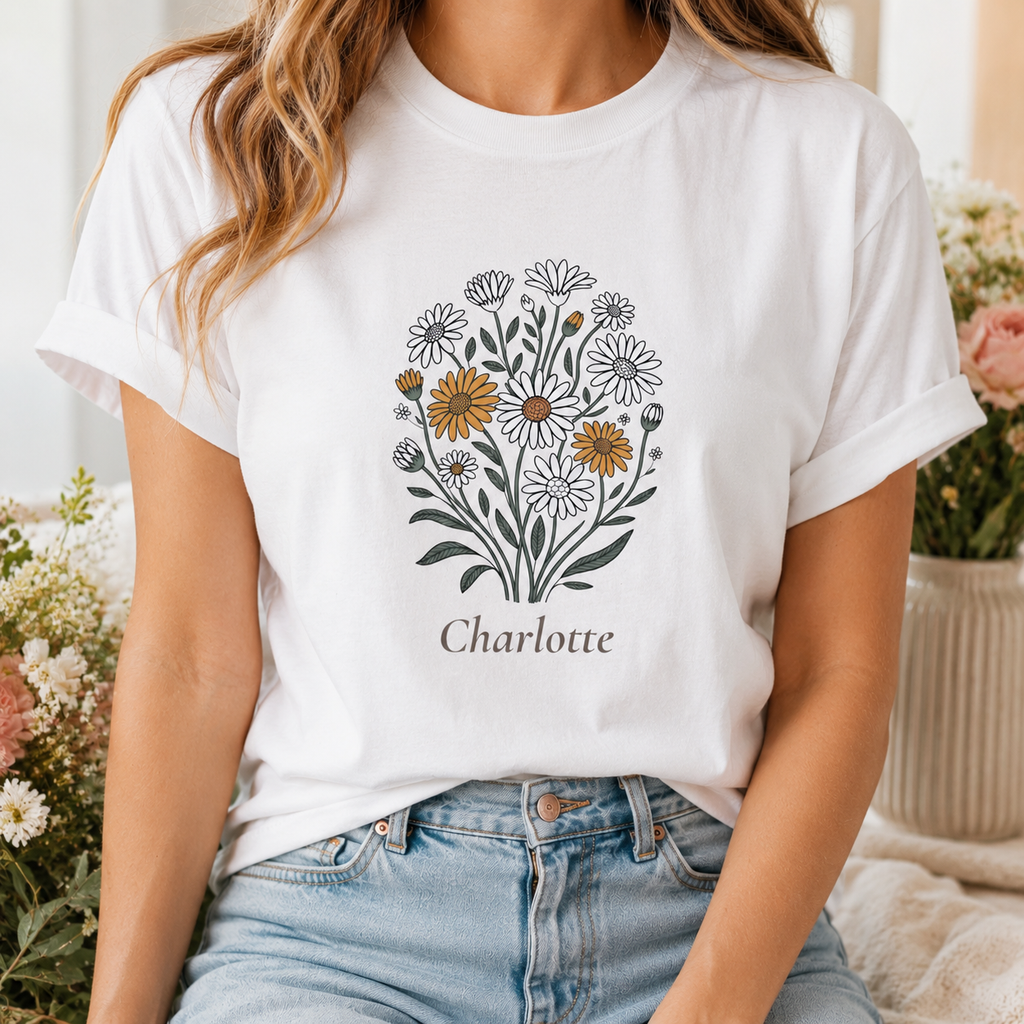 Model wearing daisy bouquet personalized t-shirt outdoors