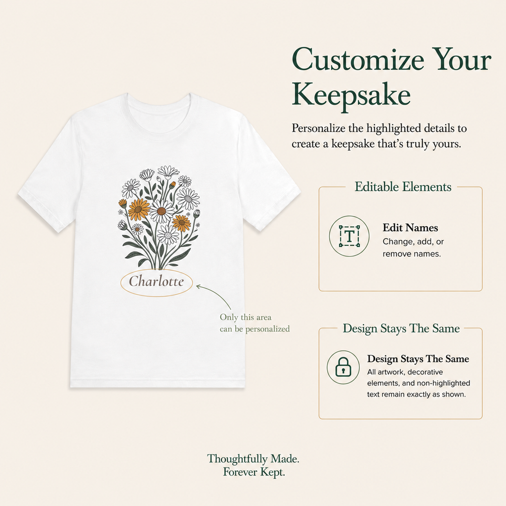Daisy bouquet t-shirt color and size option chart