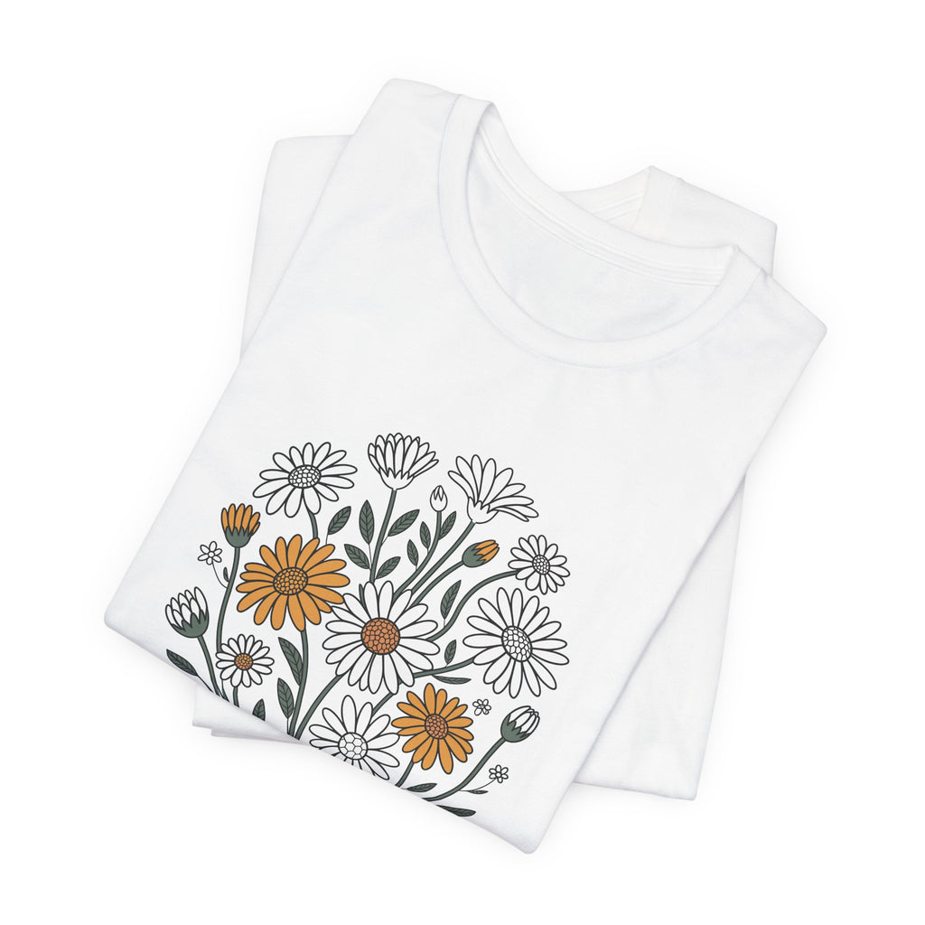 Folded daisy bouquet personalized t-shirt showing size and fit