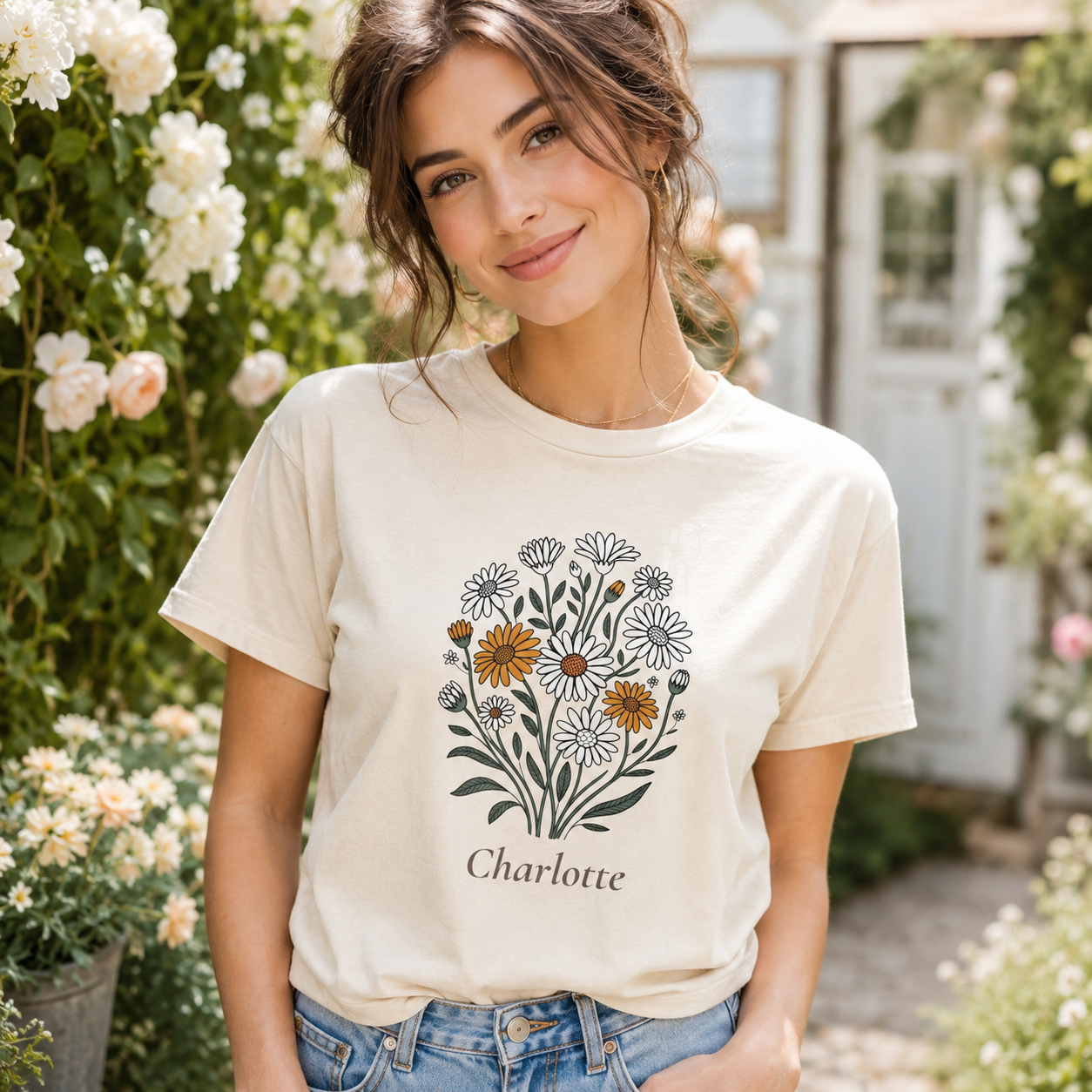 Daisy bouquet personalized t-shirt worn by model close-up