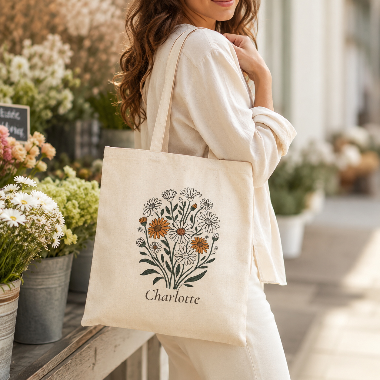 Close-up of the daisy print on the Daisy tote bag