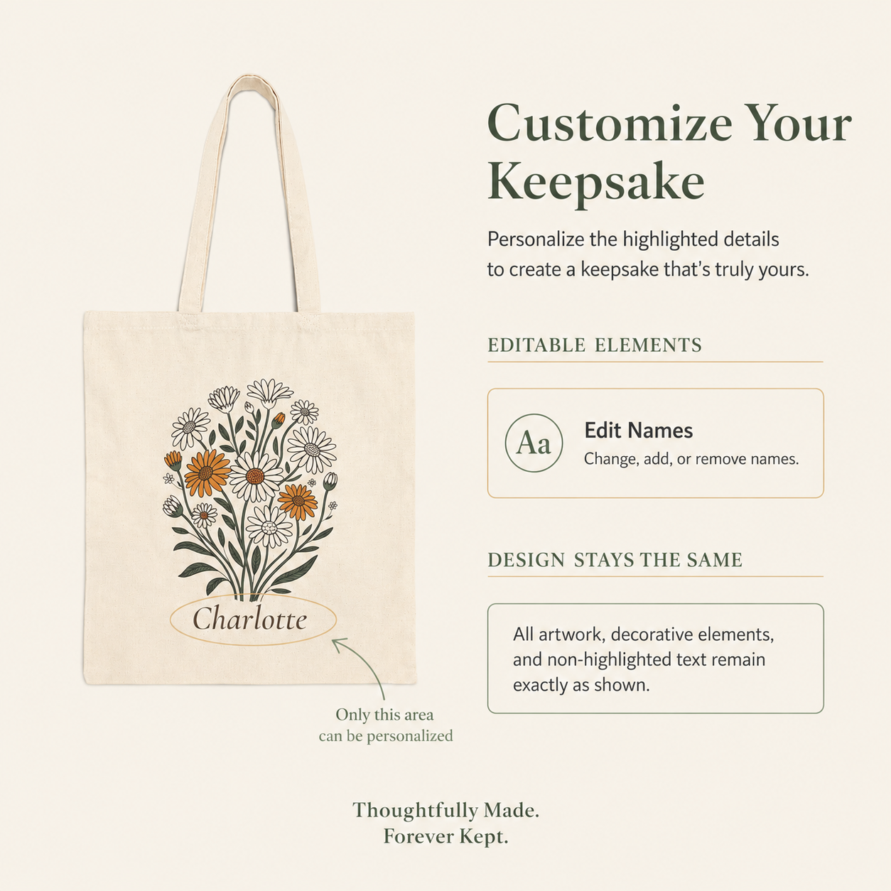 Daisy personalized cotton tote bag shown flat