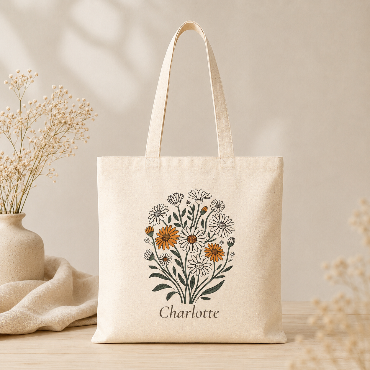 Daisy personalized tote bag shown held by the handles