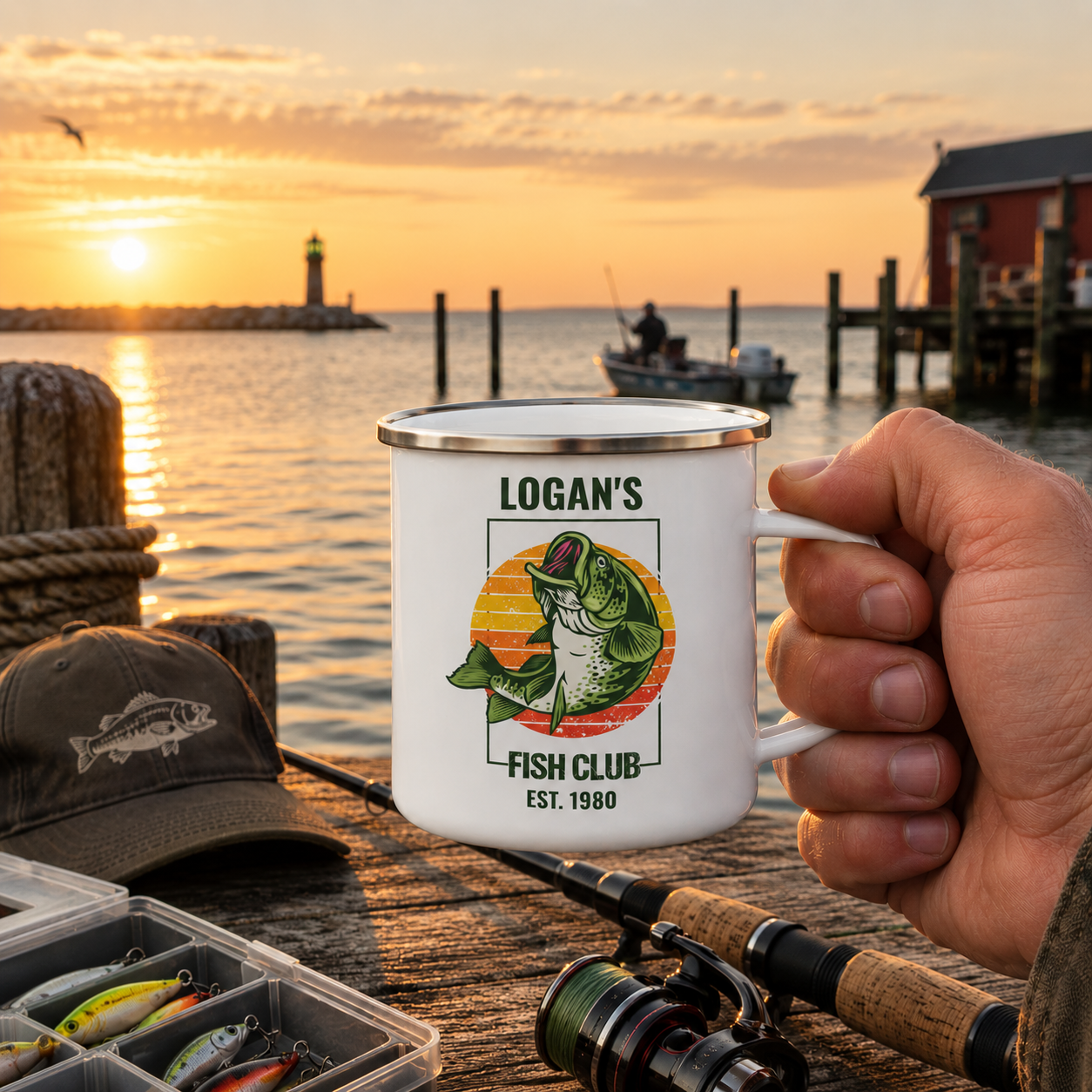 Personalized name and year customization preview on the Fish Club mug
