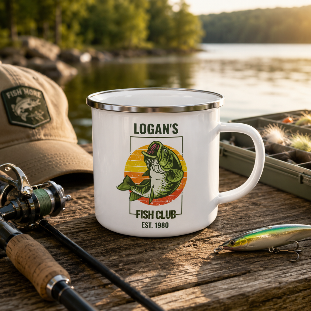 Fish Club enamel mug mockup showing design placement