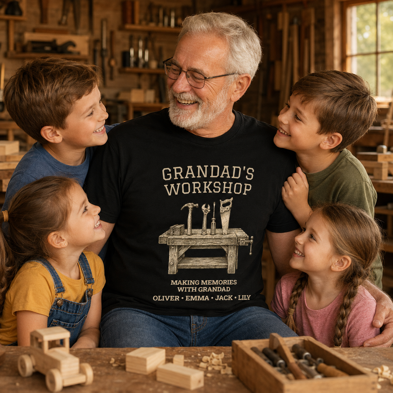 Grandad's Workshop personalized t-shirt shown folded flat