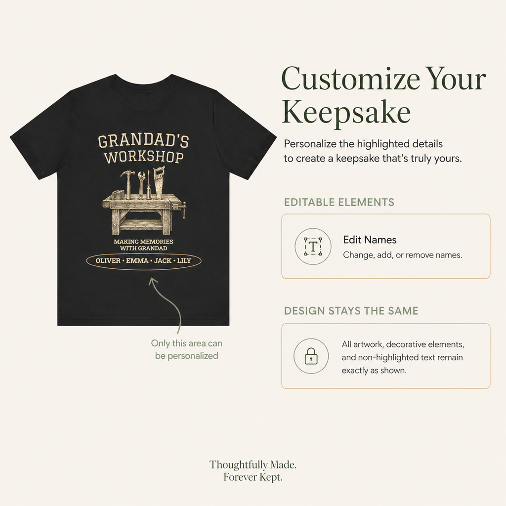 Grandad's Workshop black cotton t-shirt styled in a workshop setting