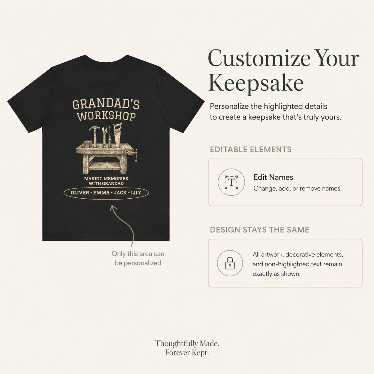 Grandad's Workshop black cotton t-shirt styled in a workshop setting