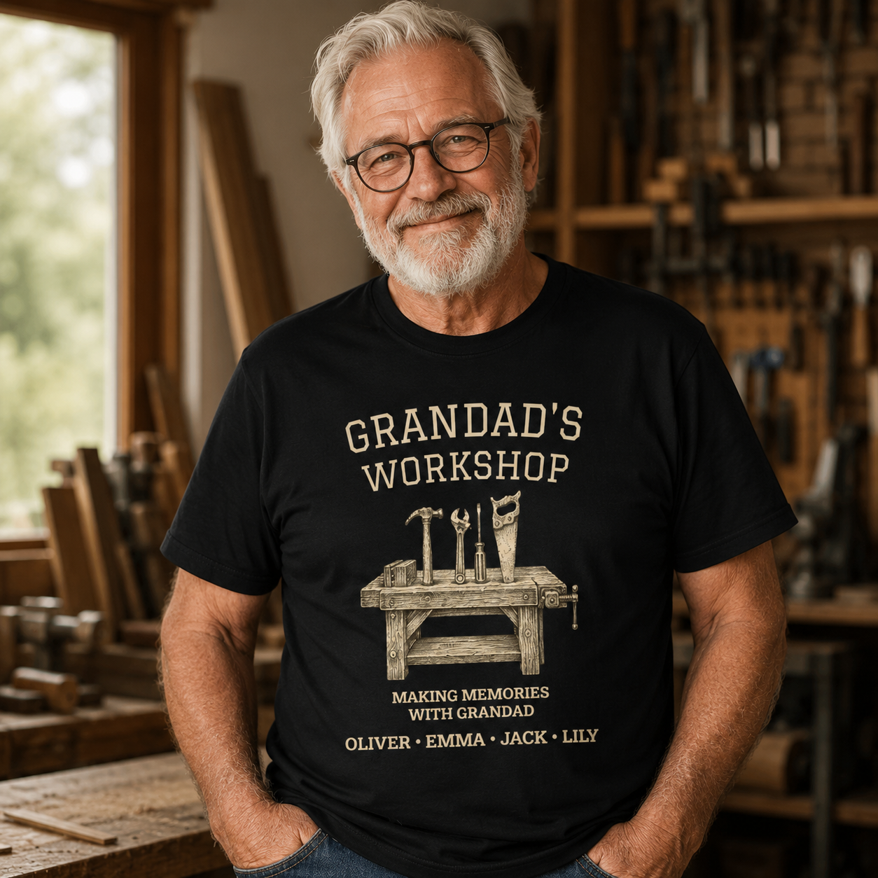 Grandad's Workshop personalized tee shown on a model