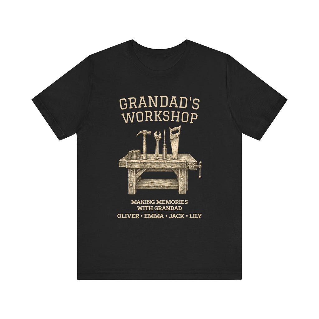 Personalized Grandad's Workshop black t-shirt with a vintage workbench-and-tools design and custom grandkids' names
