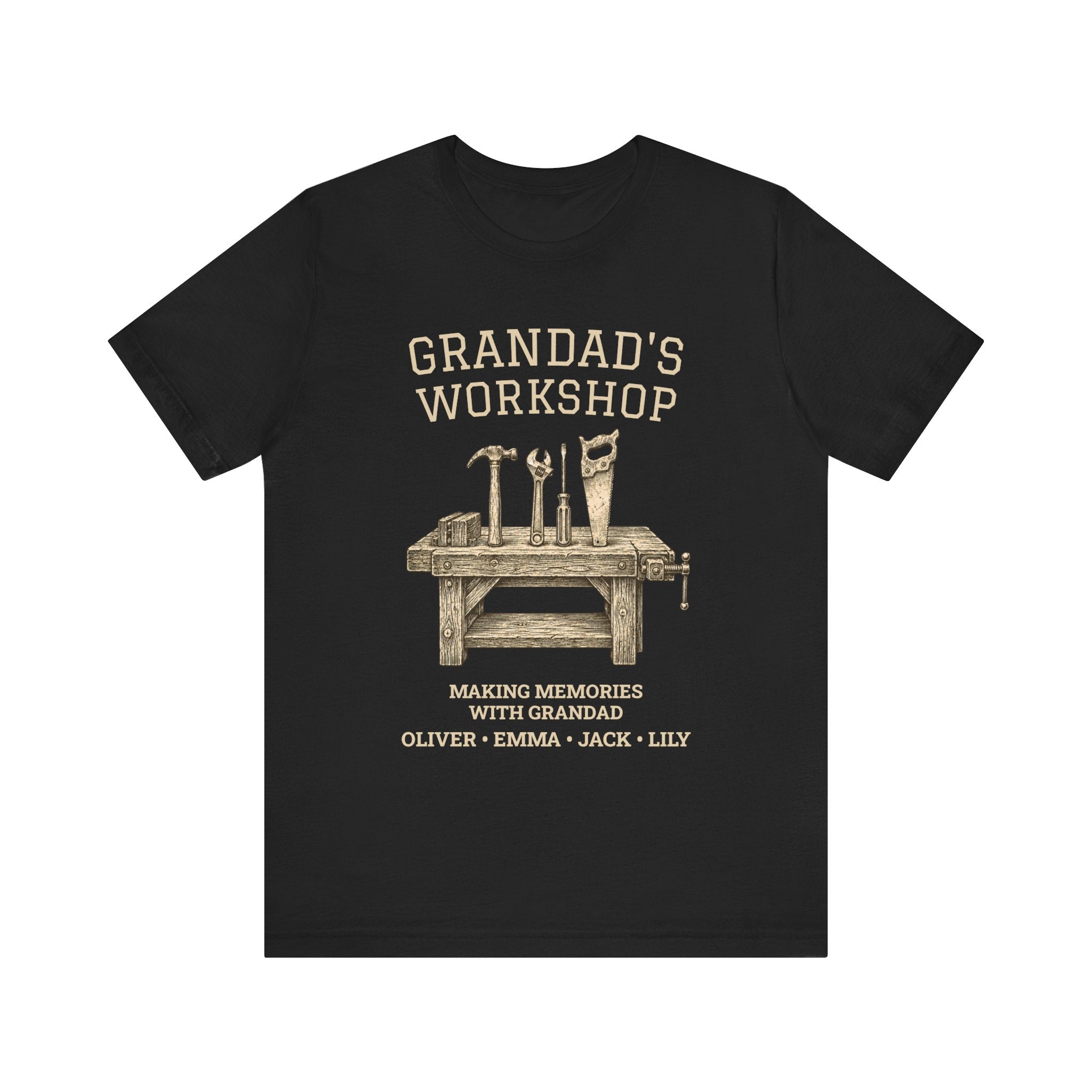Personalized Grandad's Workshop black t-shirt with a vintage workbench-and-tools design and custom grandkids' names