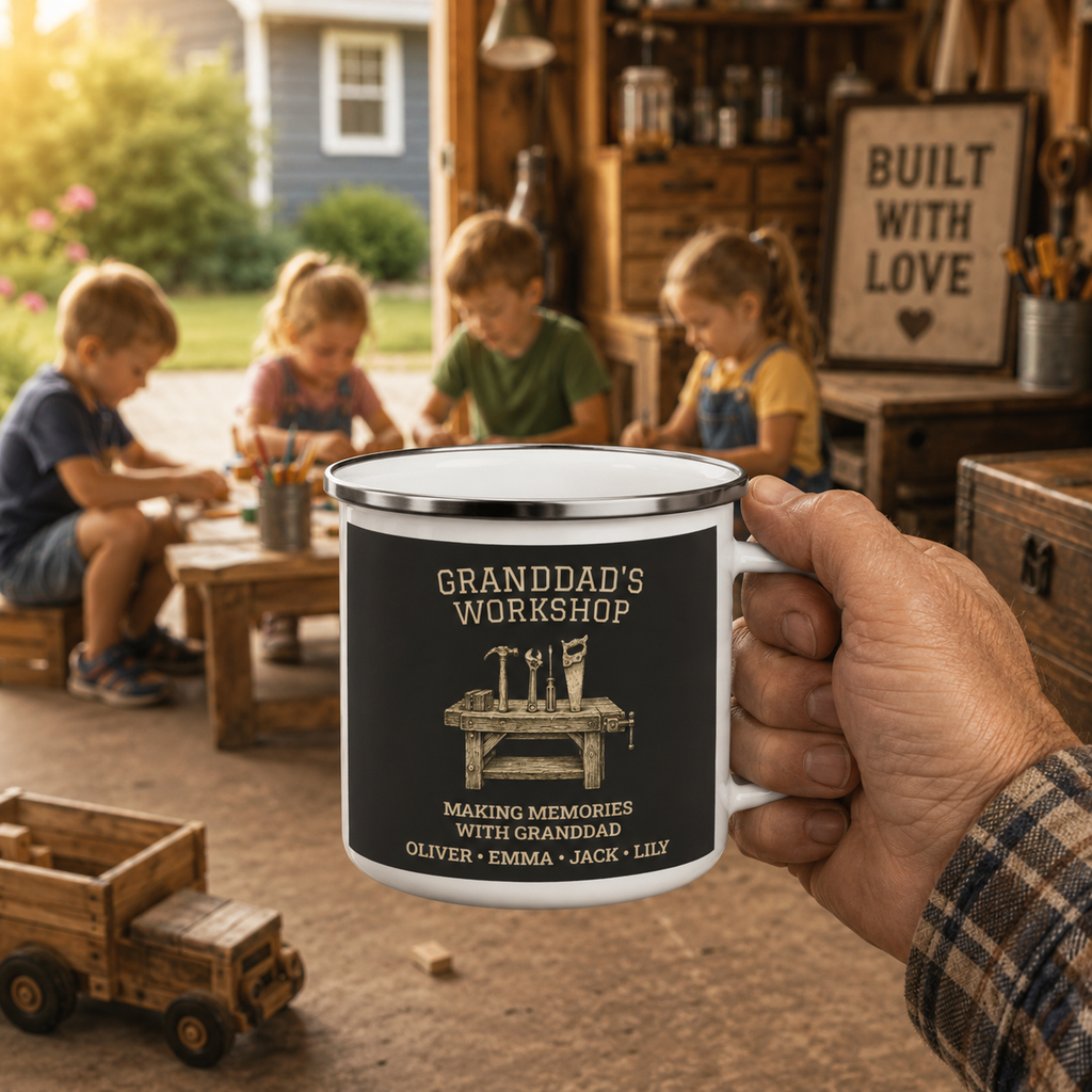 Personalized grandkids' names customization preview on the Granddad's Workshop mug