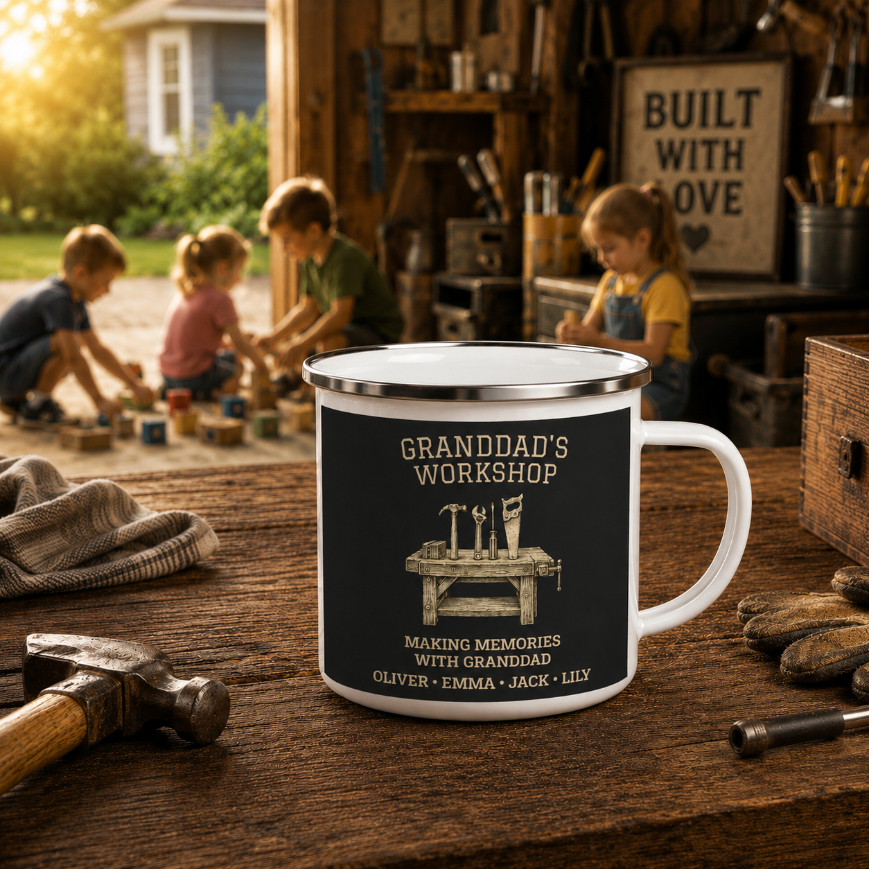 Granddad's Workshop enamel mug mockup showing design placement
