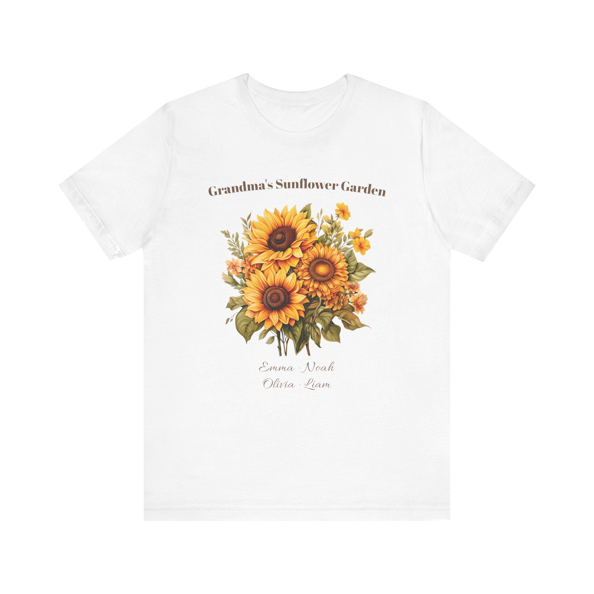 Grandma's Sunflower Garden personalized t-shirt shown folded flat