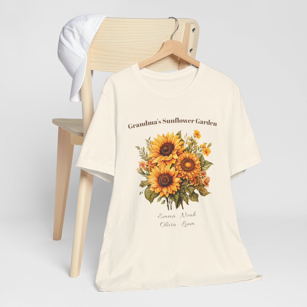 Grandma's Sunflower Garden cotton t-shirt styled in a cozy home setting
