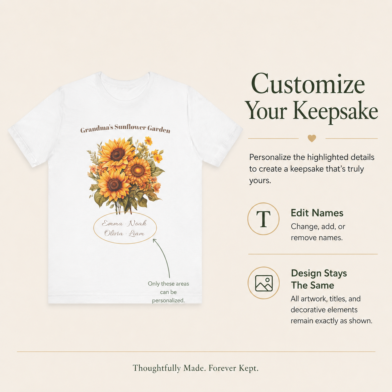 Grandma's Sunflower Garden personalized tee displayed on a hanger