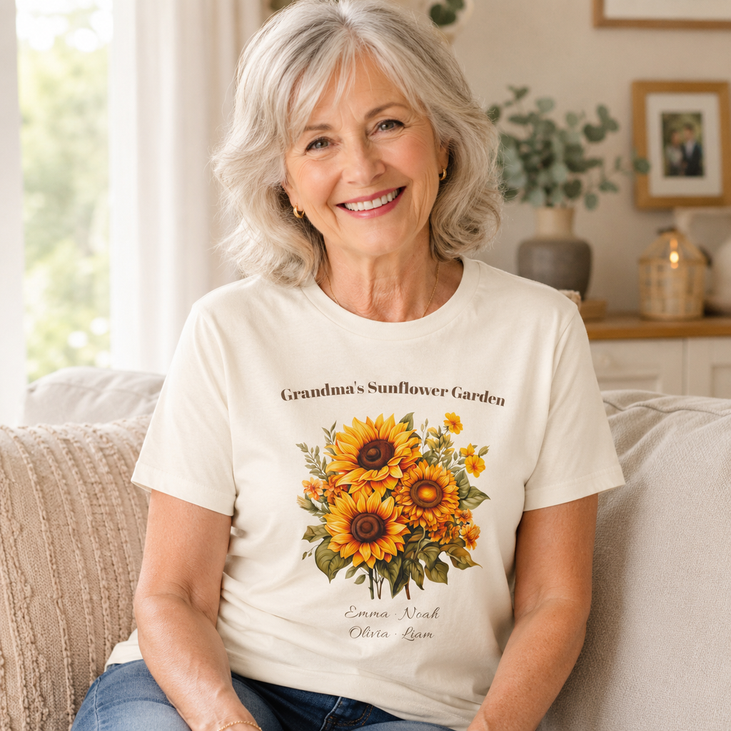 Grandma's Sunflower Garden personalized tee shown on a model