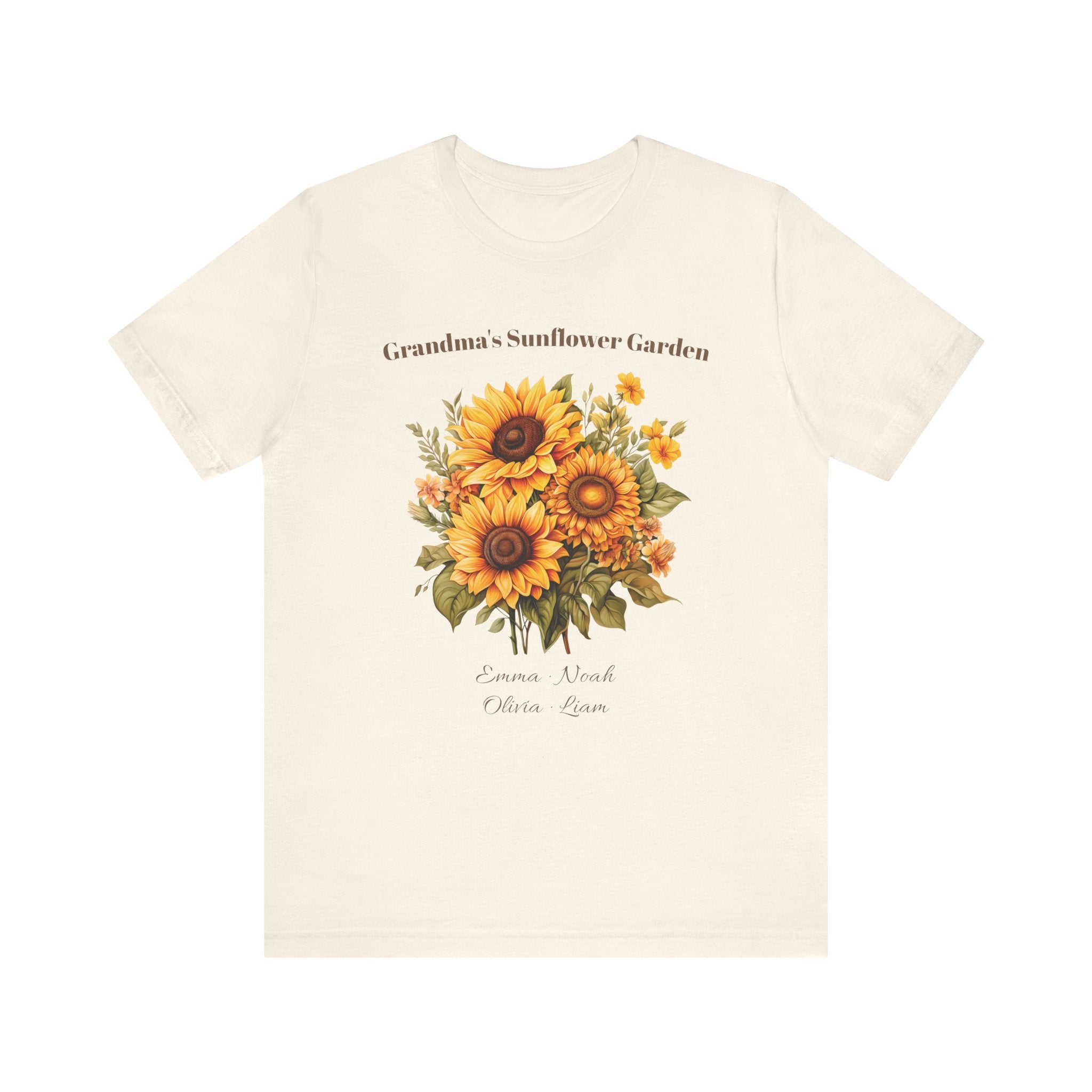 Personalized Grandma's Sunflower Garden t-shirt on a natural tee with a sunflower bouquet and grandkids' names
