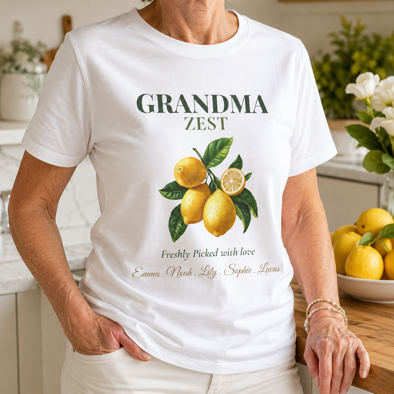 Grandma Zest personalized tee shown on a model