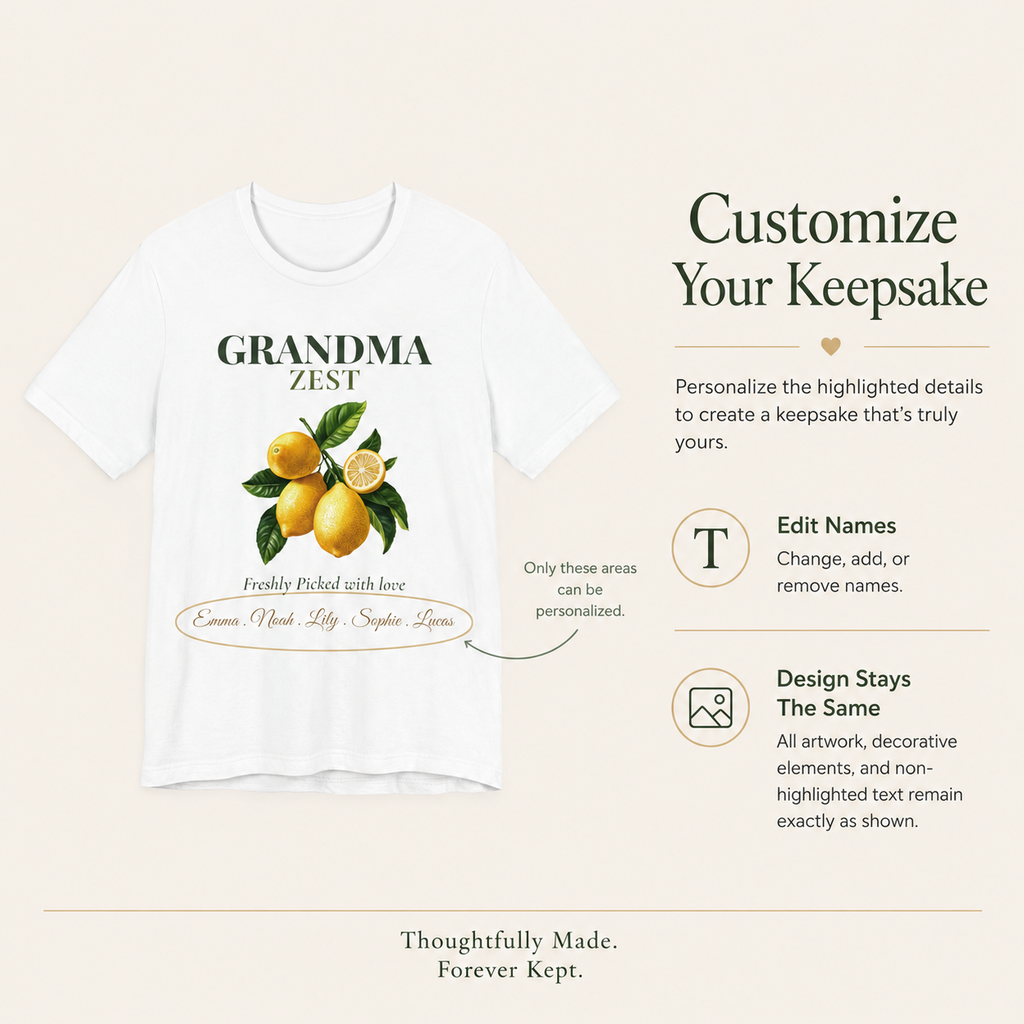 Detail of the personalized text on the Grandma Zest tee