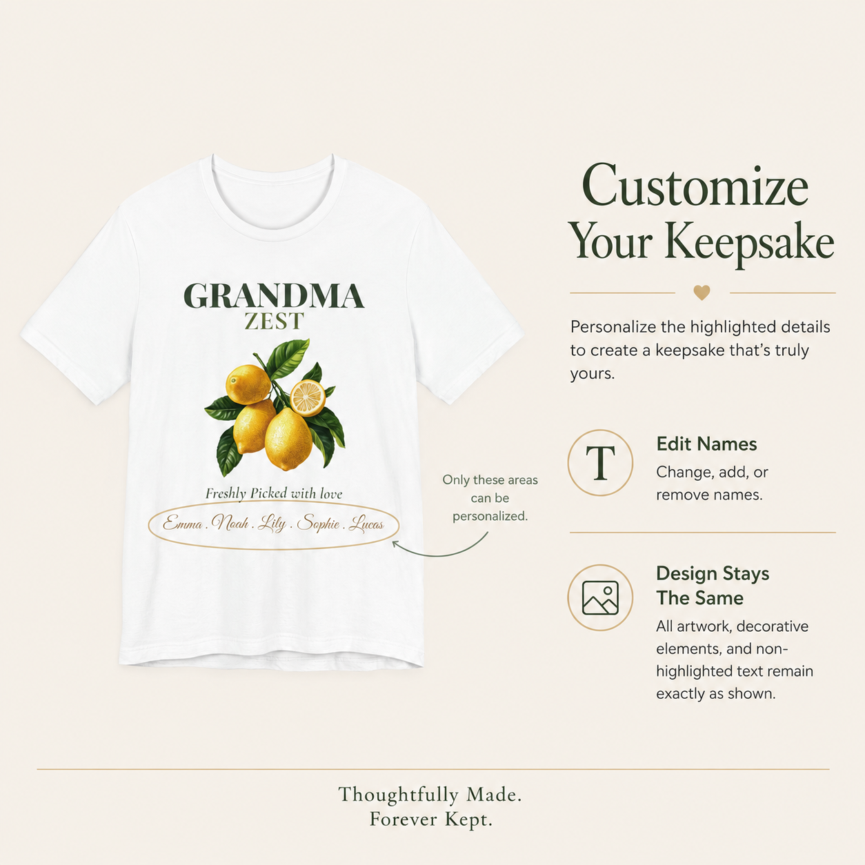 Detail of the personalized text on the Grandma Zest tee