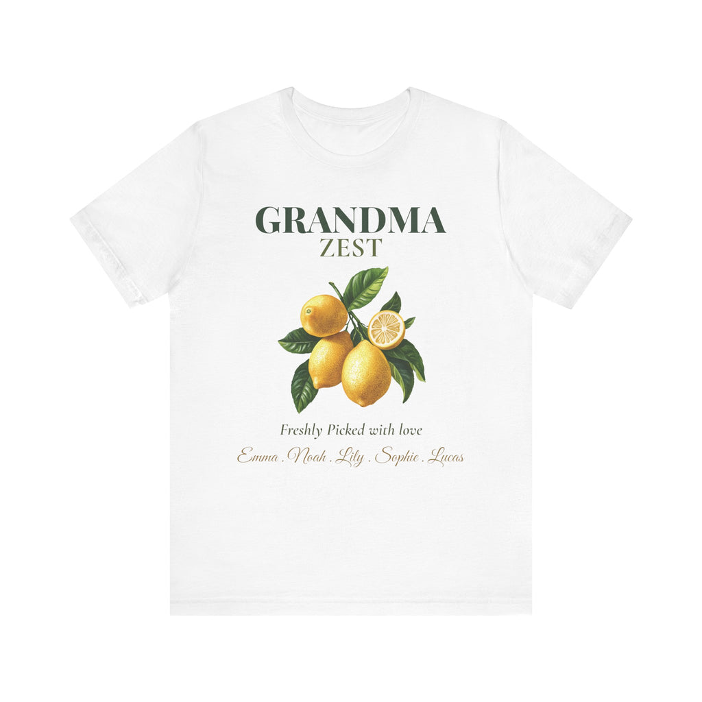 Personalized Grandma Zest t-shirt with a watercolour lemon design, 'Freshly Picked with love' and grandkids' names