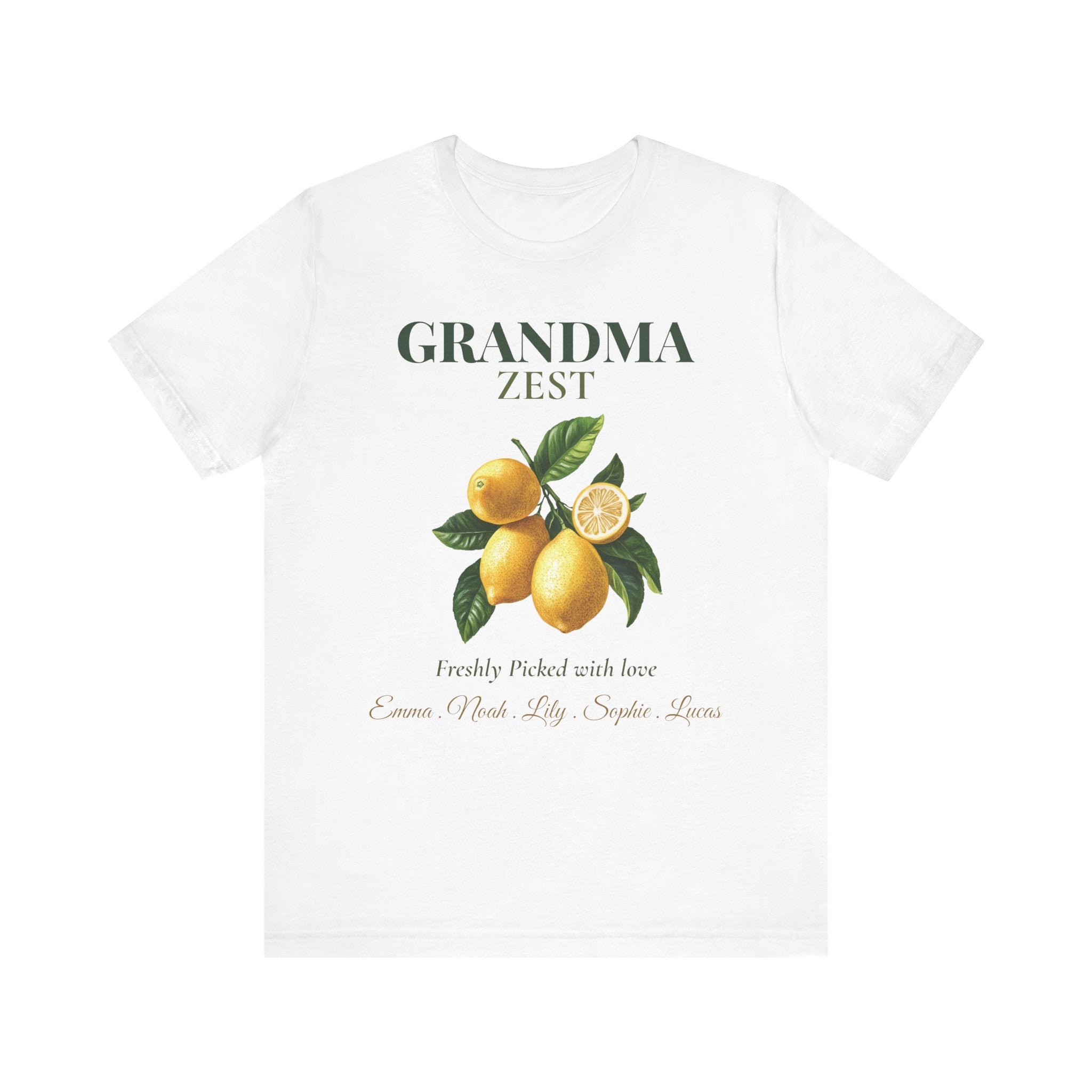 Personalized Grandma Zest t-shirt with a watercolour lemon design, 'Freshly Picked with love' and grandkids' names