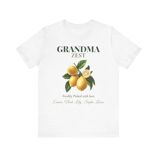 Personalized Grandma Zest t-shirt with a watercolour lemon design, 'Freshly Picked with love' and grandkids' names