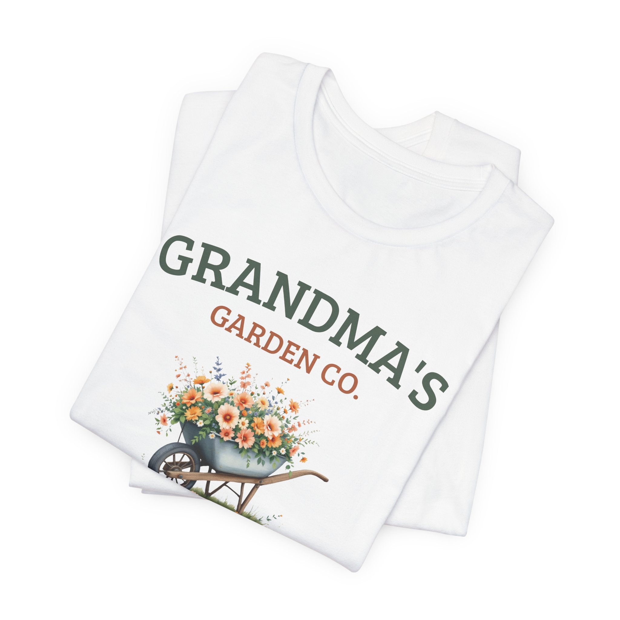 Close-up of the Grandma's Garden Co. floral wheelbarrow print design