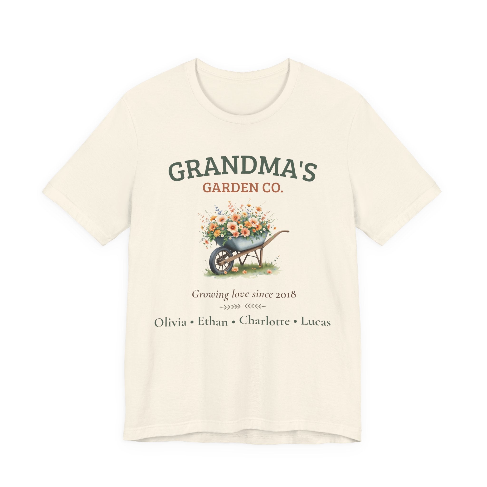 Grandma's Garden Co. personalized t-shirt shown folded flat