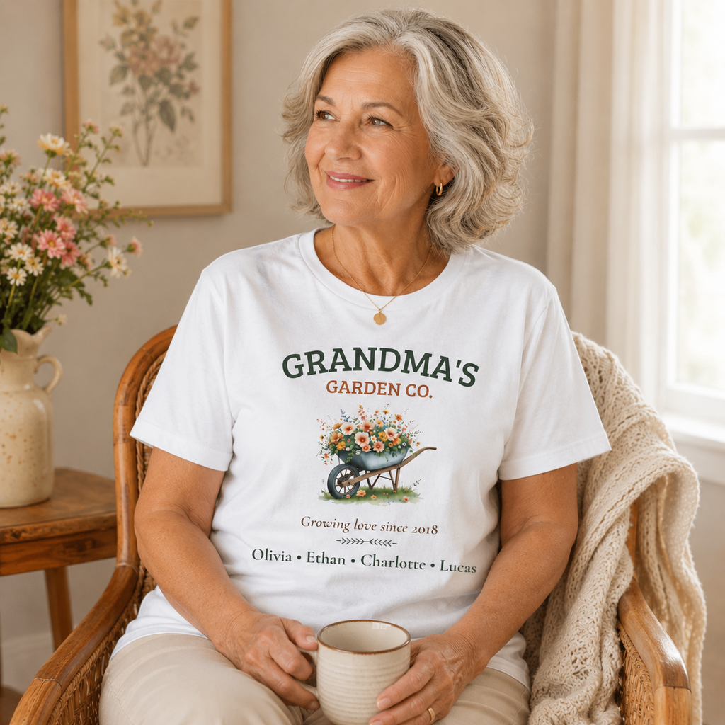 Grandma's Garden Co. personalized tee shown on a model