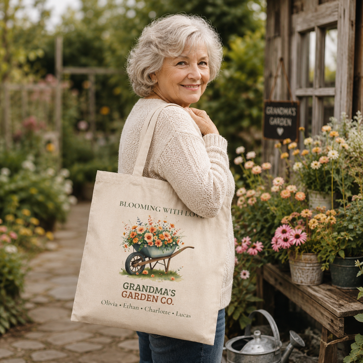 Close-up of the wheelbarrow floral print on the Grandma's Garden Co. tote bag