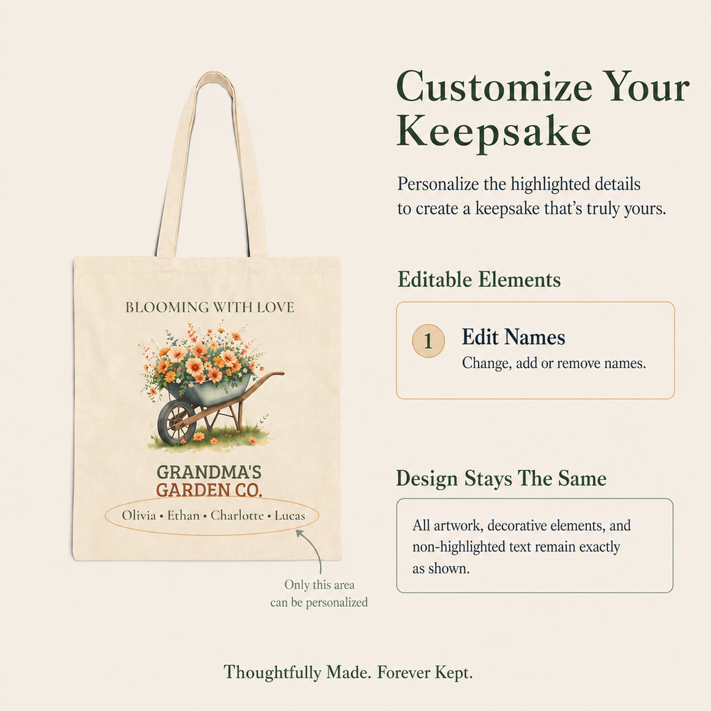 Grandma's Garden Co. personalized cotton tote bag shown flat