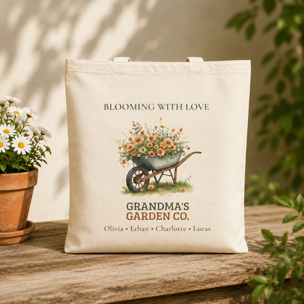 Grandma's Garden Co. personalized tote bag shown held by the handles